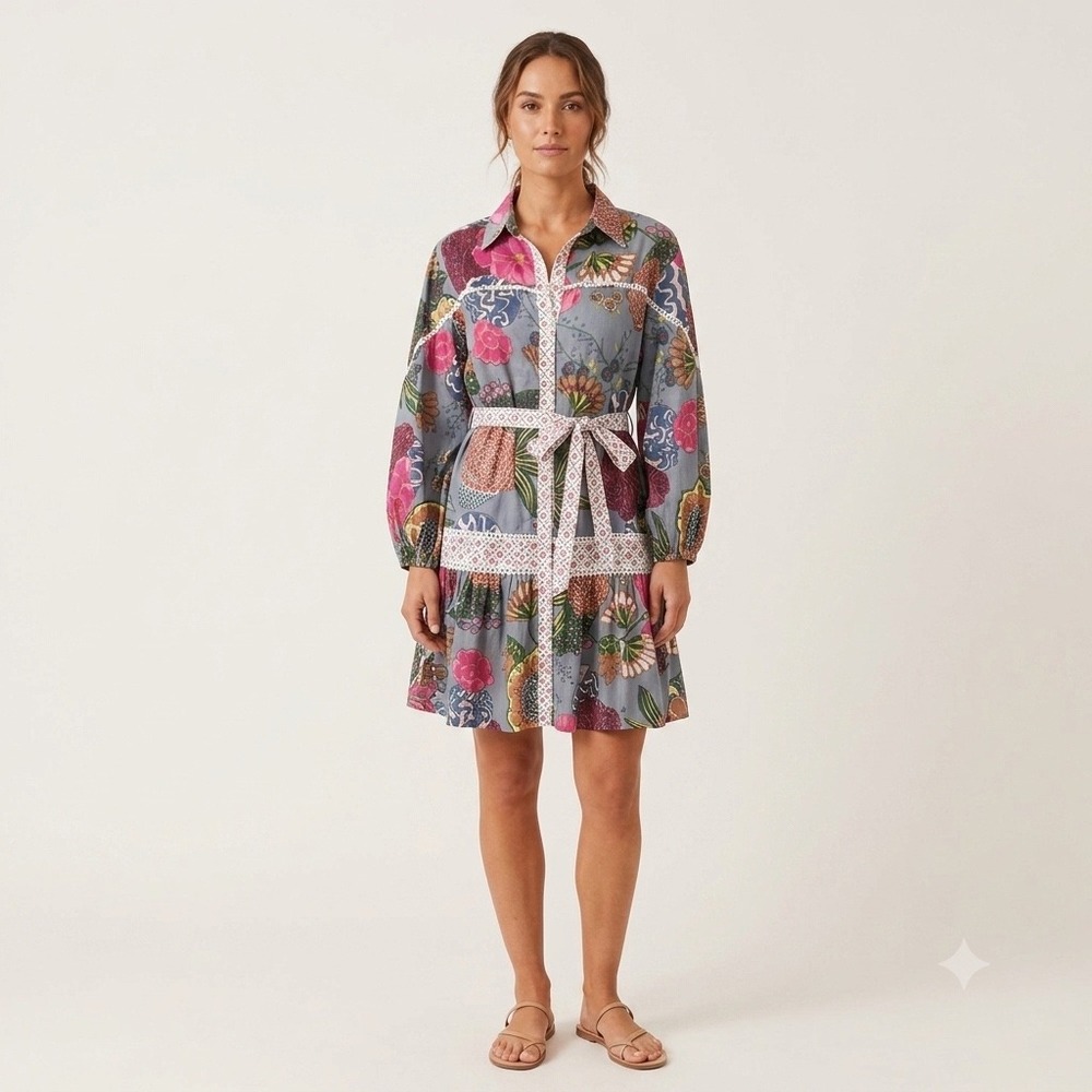 The Maddie Multi Block Print Floral Cotton Mini Long Sleeve Shirt Dress Large